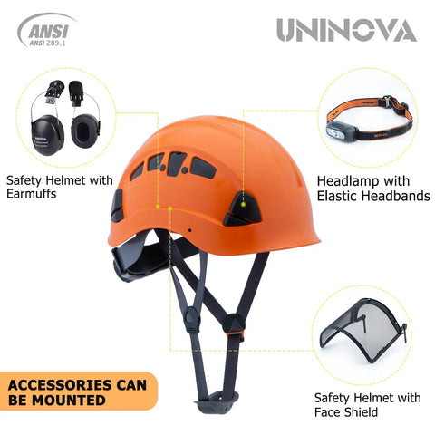 Top Shelf Hi Vis Orange Hard Hat Built For The Daily Grind OSHA Compliant Construction Safety Helmet ANSI Z Eight Ninety One Approved with earmuffs and helmet features.