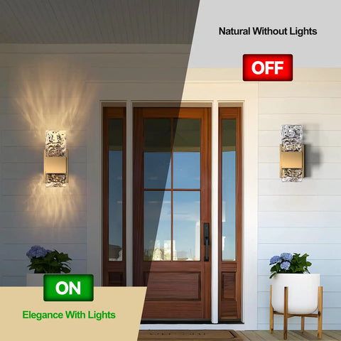 Smart Dimmable LED Wall Sconces Set Of 2 With Alexa And Remote, illuminated on and off demonstration on porch wall, dusk to dawn effect