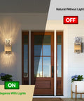 Gold Crystal LED Wall Sconce With Dimmable 3000K To 6000K Color Temperature, installed outdoors, lit and unlit view