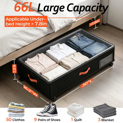 Compact Under Bed Storage Bins With Silent Rolling Casters Lowkey Closet Game Changer For Dorm Rooms And Small Apartments Easy Glide Seasonal Gear Organizers Heavy Duty 2 Pack, 66L, 30"L x 16.2"W x 7.5"H