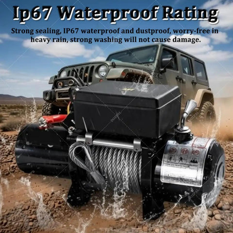 Heavy Duty 12V 24V Electric Winch With Steel Cable And Wireless Remote For Off Road Truck UTV ATV Trailer Recovery Towing 4000 Lbs 4500 Lbs Waterproof Remote Control System For Tough Trails close-up view with IP67 rating in action.
