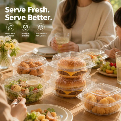 Snag This 50 Pack Super Sealed Hinged Food Containers With Secure Flip Top Lids For Cake Slices Pastries And Quick Bites. Clear PET boxes on a table.