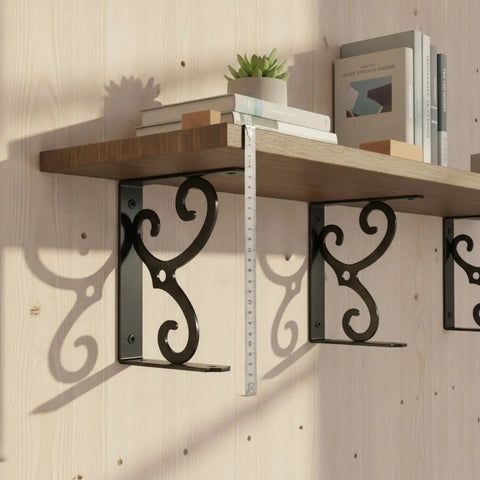 Ornate black metal shelf brackets supporting a wooden shelf with books and a plant