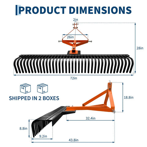 Heavy Duty 6 Foot Tractor Landscape Rake With 37 Steel Tines, 360 Degree Rotation, 3 Point Hitch, product dimensions diagram