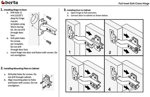 Installation guide for Inset Soft Close Frameless Cabinet Hinges for Kitchen, 110 Degree Opening, includes diagrams and steps.