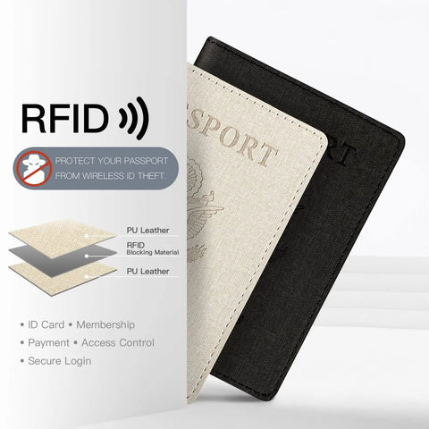 Two Pack RFID Blocking Passport Wallet Cover With Vaccine Card Slot And Card Compartments, white and black, showing materials