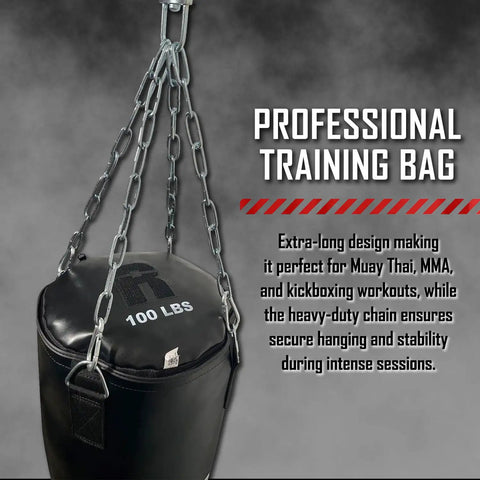Built Different 100lb Heavy Bag With Killer Synthetic Leather Cover And Heavy Duty Hanging Chain For Secure Mounting before Tough Muay Thai Kickboxing Mma Gym Training Sessions, featuring heavy-duty chain and black leather.