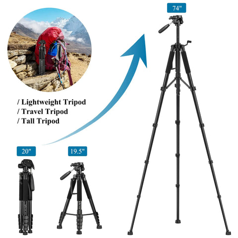 74 Inch Aluminum Camera Tripod For Cameras And Phones Pro Grade Stand showcasing height adjustments and portability