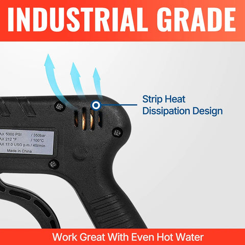 Industrial grade short 5000 PSI pressure washer gun with 360 degree swivel, strip heat dissipation for hot water use