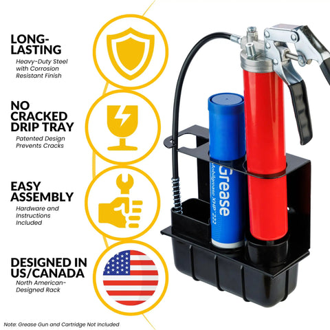 Grease Gun Holder Wall Mount With Must Have Removable Drip Tray And Spare Cartridge Holder next to grease guns, corrosion-resistant.