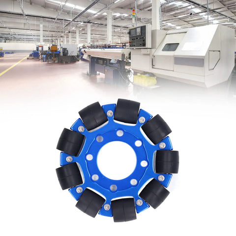 Front view of a 4in omni wheel with blue aluminum hub and black silicone rollers for robotics DIY projects