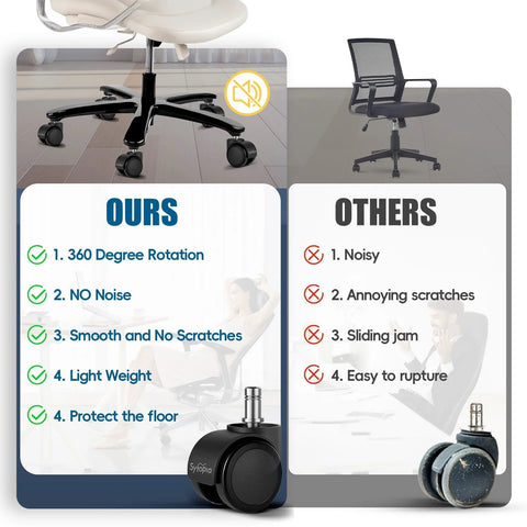 Front view of Sytopia 2-inch office chair caster wheels with universal 7/16x7/8 inch stem; set of 5, ours vs others infographic