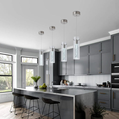 Three Pack Modern Pendant Lights In Satin Nickel With 24W LED Bulbs 6000K Bubble Glass Dome Chandelier For Kitchen Island