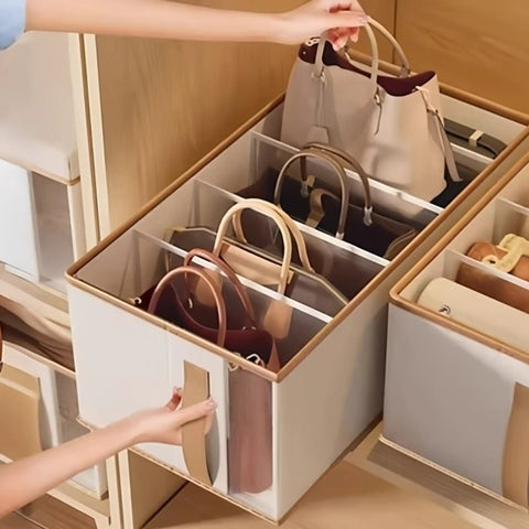 Fabric Drawer Organizers 4 Pack With Ventilation Mesh And Five Grid Layouts To Keep Your Knitwear And Casual Threads From Getting Bunched Up And Staying Smooth In Beige, storing handbags.