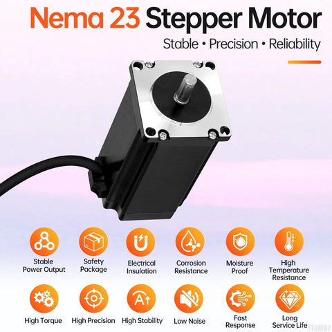 NEMA 23 high torque stepper motor for CNC, 3D printers, and robots with stable, precise performance features highlighted.