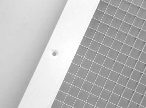 Close-up of 36 by 36 inch Cube Core Eggcrate Return Air Grille Aluminum Rust Proof White Finish highlighting corner detail and mesh pattern.