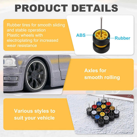 Product details of 7-Spoke Yellow Black Wheel And Tire Set with Real Riders Rims and Axles for 1/64 RC Diecast Cars