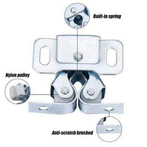 Close-up of 20 Piece Cabinet Door Latch And Catch Hardware Set, showing double roller latches with built-in spring, silver finish.