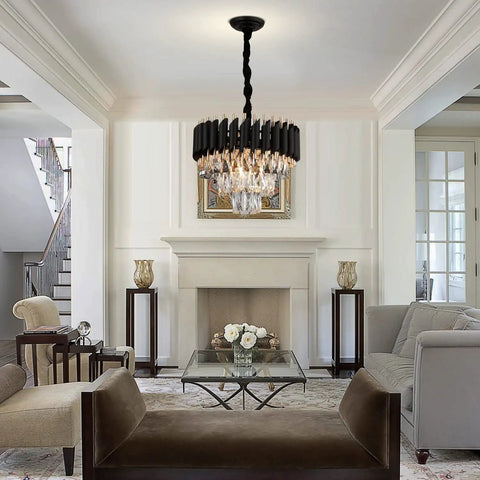 Three Tier Black Rose Gold Crystal Chandelier Round 16 Inch Flush Mount Pendant Light in a stylish living room