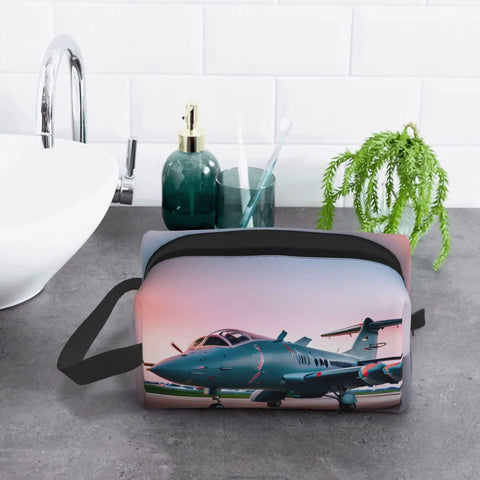Aircraft Print Travel Cosmetic Bag Large Dopp Kit for Makeup and Toiletries on bathroom counter