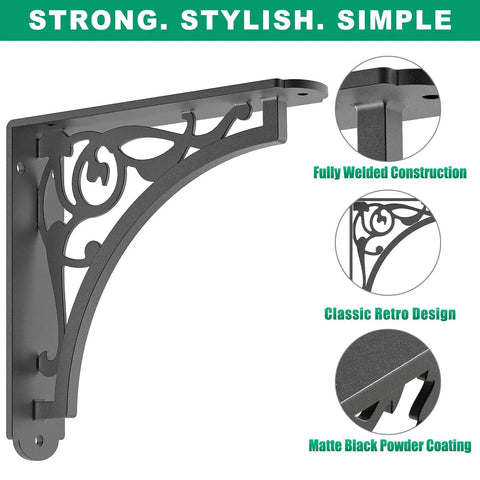 Heavy Duty Shelf Brackets 8 Inch Black Steel Wall Mount Supports For Wood And Metal Industrial Decor With 500 Lbs Load Capacity, featuring retro design.