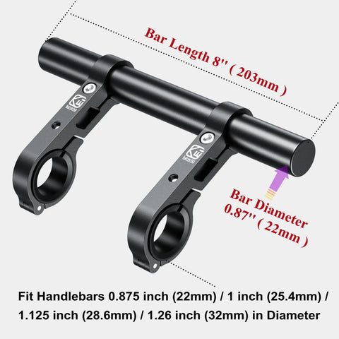 Handlebar Extender 8 Inch Cross Bar For Mounting Bike And Motorcycle Accessories, dimensions and fitting sizes shown