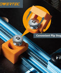 16 Inch By 24 Inch Drill Press Table Setup Kit with Pro Grade Fence showing orange flip stop on aluminum rail close-up.