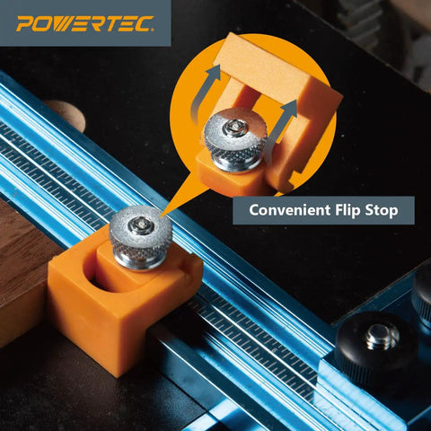 16 Inch By 24 Inch Drill Press Table Setup Kit with Pro Grade Fence showing orange flip stop on aluminum rail close-up.