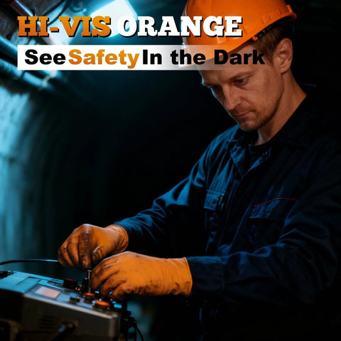 TitanFlex heavy-duty orange nitrile gloves, 8-mil, large; worker wearing gloves while adjusting a control panel.