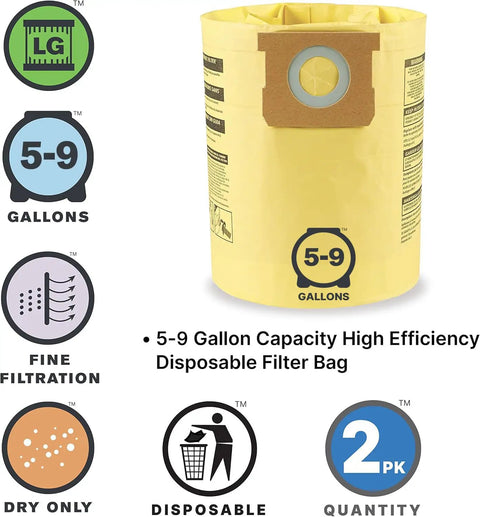 High Efficiency Disposable Vacuum Filter Bags For 5 To 9 Gallon Tanks Heavy Duty Filtration For Drywall Dust Cement Dust And Cold Ash Easy Install Pack Of 2 with icons for capacity and use