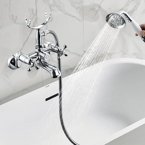 Retro Vibe Clawfoot Tub Faucet And Shower Kit, Chrome Wall Mount With Hand Shower, G1 2 Inlet, Brass Double Cross Handles in use