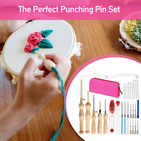 Adjustable Punch Needle Embroidery Kit For Beginners And Adults With Wooden Handle, tools and floral artwork in progress