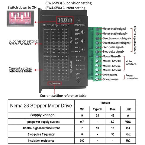 Microstep driver for Nema 23 stepper motor with control settings, connectors, and reference tables for motor drive usage.