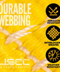 Close-up of yellow polyester webbing showing abrasion resistance and interlocking weaves for durability.