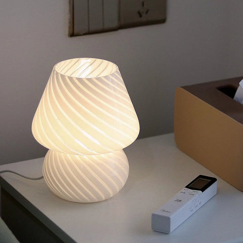 Glass Mushroom Bedside Lamp With Vintage Stripe Glass Delicate Nightstand Desk Light For Living Room And Bedroom USB Powered Night Light Adjustable Three Color Temperatures Cozy Vibe Home Decor, illuminated on a bedside table
