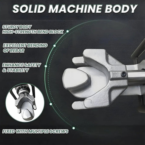 Close-up of the heavy duty electric hydraulic rebar bender's sturdy body and high-strength bend block for bending steel up to 22mm.