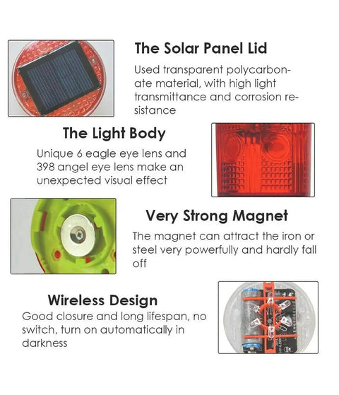 Close-up of Top Notch Solar Strobe Warning Light showing solar panel lid, strong magnet, light body and wiring.