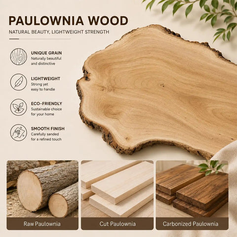 Image of Paulownia wood, showcasing natural grain, lightweight texture, and different finishes for rustic decor.