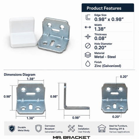 Hella Sturdy Stainless Steel L Brackets With Smooth White Caps Provide Serious Anti Tip Reinforcement For Floating Shelves Drawers And Cabinetry No Sweat Setup Ensures A Flawless Finish Every Single Time showing dimensions and features.