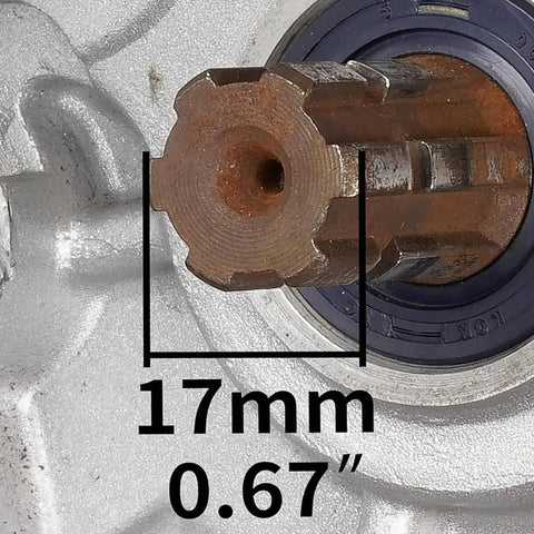 Close-up view of a 17mm bore measurement on a 420 10 Tooth 17mm Chain Sprocket With Buckle for Dirt Bikes Go Karts ATVs.