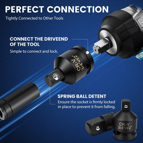 Six Piece Impact Socket Adapter Set For One Quarter, Three Eighths, One Half And Three Quarters Inch Drives With CR-V Steel