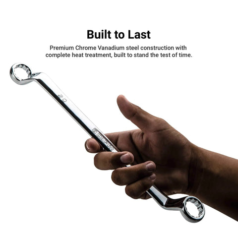 Hand holding Deep Offset 75 Degree Double Box End Wrench Set 6 To 24 Mm Metric 10 Piece with mechanic tray.