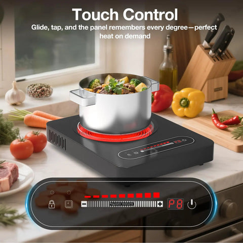 1800W Portable Electric Cooktop With Timer And Child Lock, 11 Inch Single Burner in kitchen with pot and vegetables