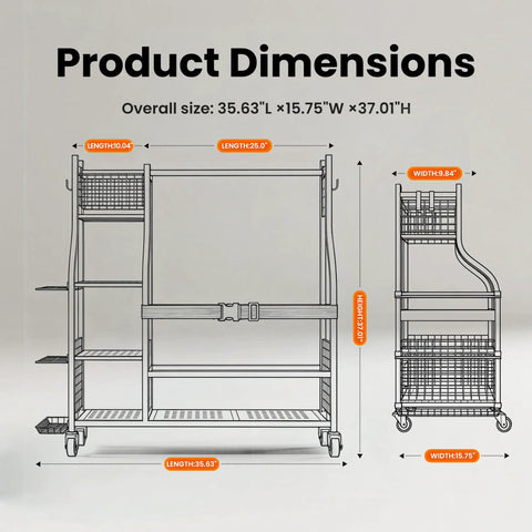 Dimensions diagram of Heavy Duty Golf Bag Storage Rack For Garage With 3 Tier Organizer, showing length, width, and height measurements.