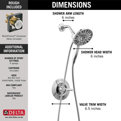 Arvo 14 Series Chrome Shower Faucet Set dimensions with In2ition 2-in-1 dual shower head, handheld spray, valve trim kit, universal compatibility