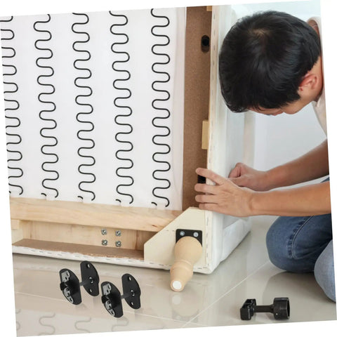 Man installing Top Shelf Pin Style Sectional Sofa Connectors Heavy Duty Couch Brackets on modular furniture.