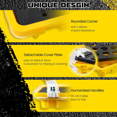 Heavy Duty Chemical Spill Containment Tray With Modular HDPE Pallet Rack, Garage Wall Organizer, Detachable Safety Grating shown from above, featuring rounded corners and humanized handles.