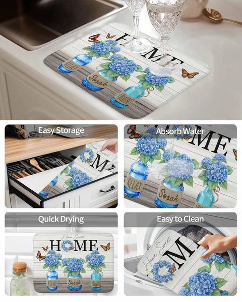Hydrangea Pattern Dish Drying Mat for Kitchen Counter 16x18 Inches Two Sizes Available, shown absorbing water on counter.