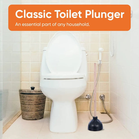 Classic Heavy Duty Toilet And Sink Plunger With 21 Inch Natural Wood Handle, Thick Black Rubber Cup, Built Tough To Blast Away Stubborn Clogs, Easy Suction For Quick Fixes in bathroom next to toilet.