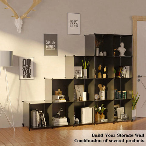 12 Cube Storage Organizer for Closet and Home, DIY Assembly with Wooden Hammer, Black Plastic Square Shelves displaying books and decor